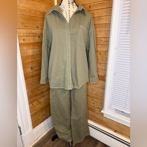 White Fox Olive Green Button-Up Shirt and Wide Leg Pants Set